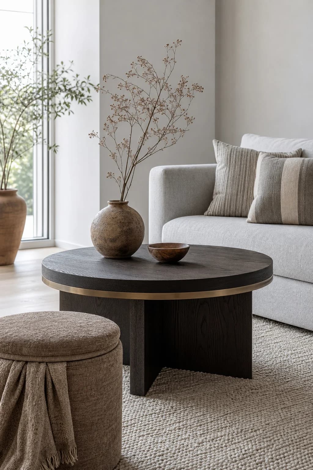 A calm living room with a round smoked oak coffee table and an upholstered stool